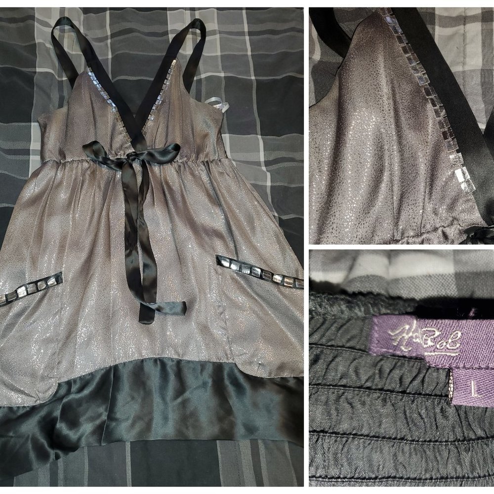 Hale Bob Metallic Silver & Gray Silk Tunic Dress Top Tank Size L Y2K